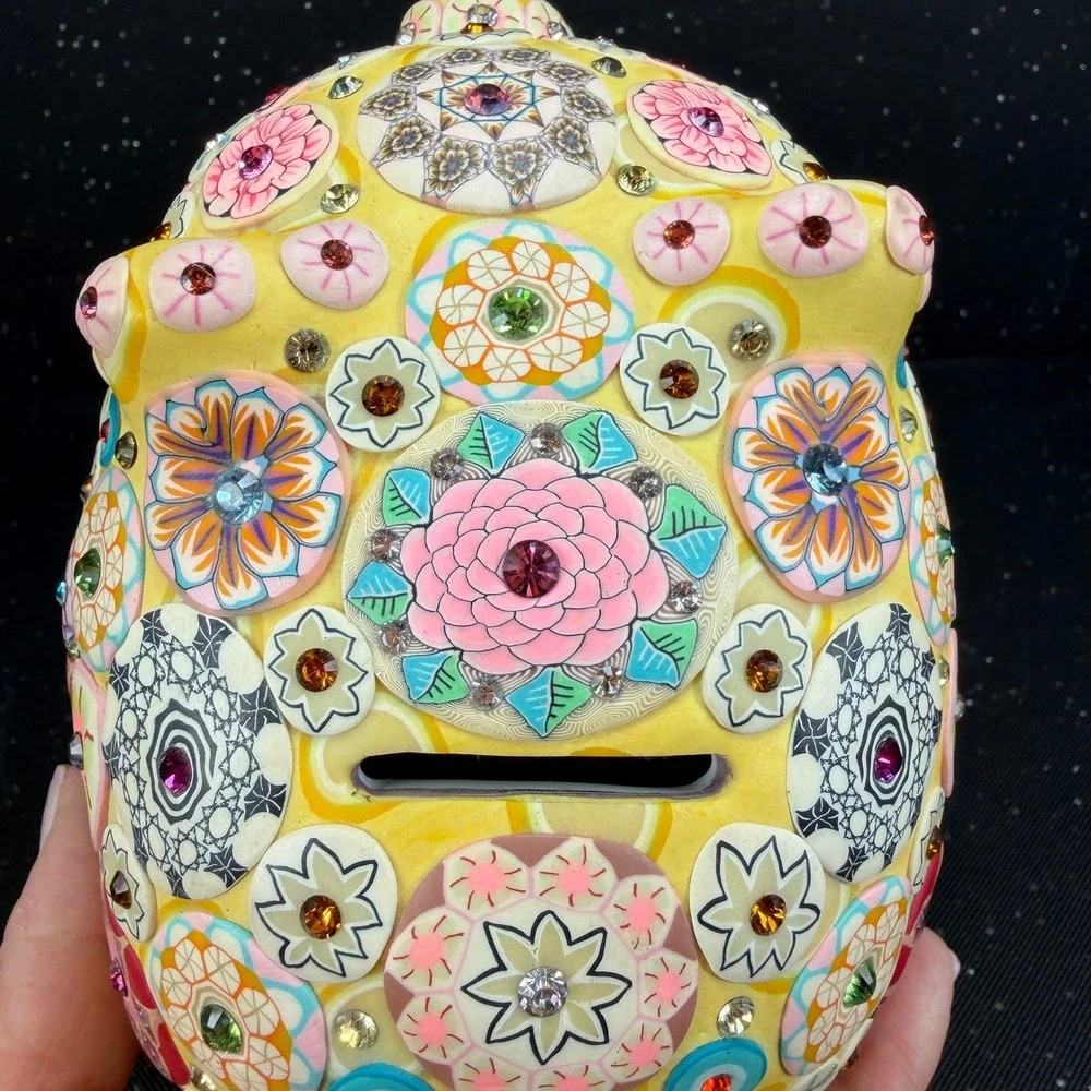 Billie Beads 2003 Handcrafted Piggy Bank Yellow Floral Millefiori Rhinestone 7in